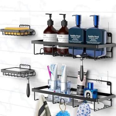 Imagem de Kit com 4 Suportes, Suporte Para Shampoo Box, Suporte Banheiro Preto, Adesivo, Suporte Banheiro Sem Furo, Também Possível Com Furo