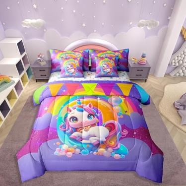 Imagem de Erosebridal Conjunto de edredom de 7 peças de unicórnio arco-íris em uma bolsa, conjunto de cama de solteiro com letra Q para meninos e meninas, conjunto de lençol com monograma personalizado, com