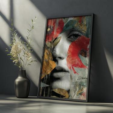 Imagem de Quadro Decorativo Mulher Flores Com Moldura - Arte Abstrata Floral Feminina Vintage Retrô Quarto Sala Decoração Moderno Colorido