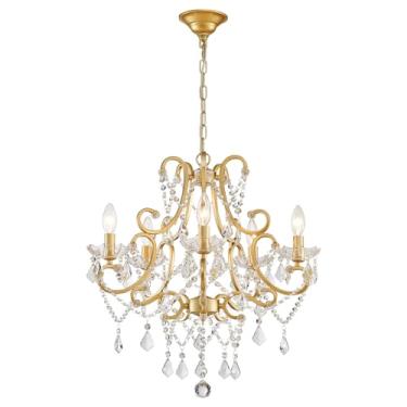 Imagem de Lustre de cristal, lustre dourado 5 luzes para sala de jantar, luminária de teto com pingente de cristal K9, candelabro de vela moderno para sala de estar, cozinha, ilha, entrada, quarto