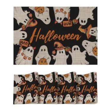 Imagem de Artoid Mode Conjunto de 4 jogos americanos de plástico Ghost Halloween, lavável, resistente ao calor, antiderrapante, de vinil, PVC, para casa de fazenda, festa, cozinha, decoração de jantar