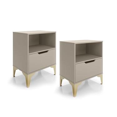 Imagem de Kit com 2 Mesas de Cabeceira Vegas 1 Gaveta com Puxador Cava Nicho Espaçoso e Pés de Ferro - LH Móveis (Off White/Pé Dourado)