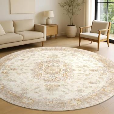Imagem de Castage Tapete redondo bege de 1,8 m, tapetes grandes para sala de estar, quarto, sala de jantar, lavável, boêmio, vintage, boêmio, envelhecido, oriental, floral, antiderrapante, retrô, dourado