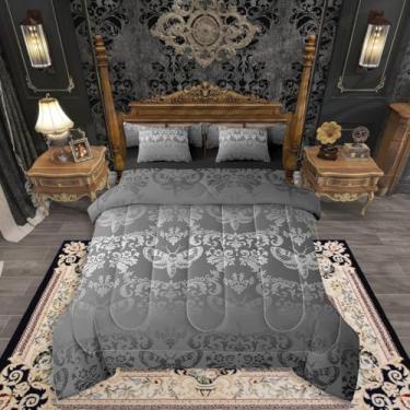 Imagem de Erosebridal Conjunto de edredom gótico King, 7 peças, cama gótica cinza escuro em uma bolsa com lençóis, vintage, damasco, boêmio, para crianças e adultos, conjunto de cama floral boêmia vitoriana