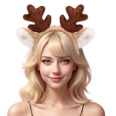 Imagem de Jadive Orelhas de animais de pelúcia com chifres realistas para mulheres, fantasia de cosplay de Halloween e Natal (chifres de rena)