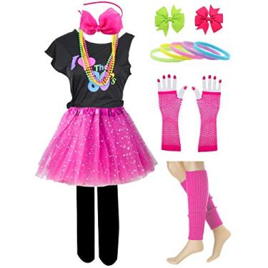 Imagem de Camiseta Kid Girl I Love 80s com estrela dos anos 80, saia tutu de lantejoulas com colar de néon, laço e faixa de cabeça, conjunto de grampos de cabelo (14/16, rosa choque)