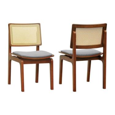 Imagem de Kit 2 Cadeiras Gus Madeira Maciça Encosto Telinha Assento Anatômico - Amêndoa - Estofado Linho Cinza Mescla Impermeável