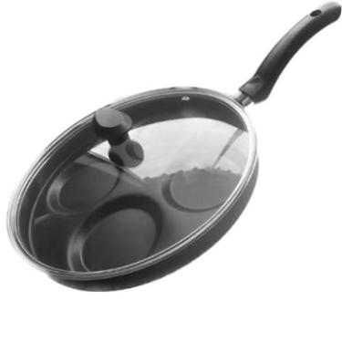 Imagem de Frigideira Ovo，Frigideira Antiaderente Multiuso Tampa Vidro 4 DivisóRias(Preta)
