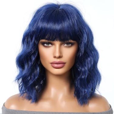 Imagem de MAGQOO Perucas azuis para mulheres, azul marinho, bob, com franja, comprimento dos ombros, encaracolado, ondulado, azul escuro, para meninas, fantasia, cosplay, Halloween, perucas com touca de peruca