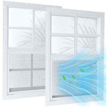 Imagem de Pacote com 2 janelas deslizantes de galpão de 45,7 x 58,4 cm, janelas de galinheiro - suporte nivelado branco com tela removível e vidro temperado, janelas pequenas adequadas para galinheiros