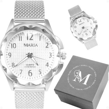 Imagem de Relogio Feminino Prata Aco Inox Silicone Prova Dagua + Caixa moda strass bonito inoxidavel social