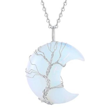 Imagem de HLbshi Colar artesanal com pedra preciosa de cristal e lua crescente envolto em cobre com pingente de árvore da vida e reiki para cura de chacras para mulheres e homens, Gema, definição da liberdade