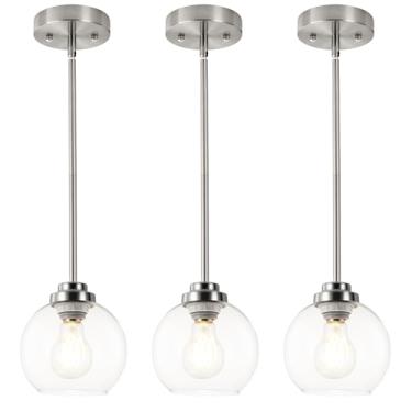 Imagem de WYNEYET Pacote com 3 lâmpadas pendentes globo, luminárias de teto de níquel escovado com sombra de vidro fosco branco, luzes ajustáveis para casa moderna para cozinha, ilha, quarto, corredor