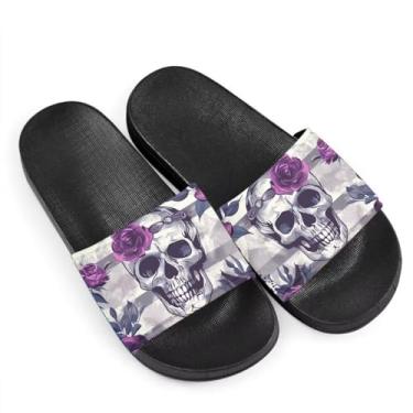 Imagem de Howilath Pantufas de verão com estampa inovadora para mulheres e crianças, sandália antiderrapante com sola macia e confortável, Flor rosa roxa crânio gótico, 7 Wide