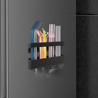 Imagem de Organizador de suporte de palha, dispensador de canudo reutilizável, suporte magnético de canudo para armário, suporte de canudo multifuncional para cozinha e restaurante (preto)