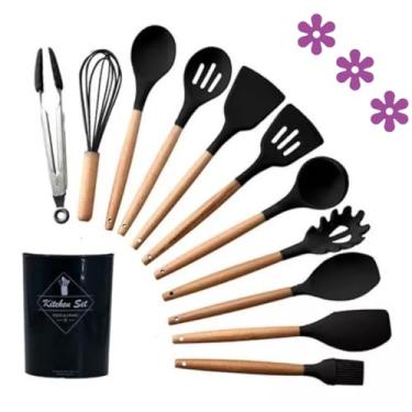 Imagem de Kit 12 Peças Utensílio De Cozinha Silico Premium Antiaderente Resistente Ao Calor Cabo De Madeira Suporte Organizador