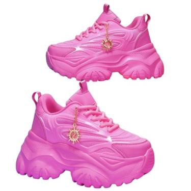 Imagem de Tênis feminino moderno com pingente de sol dourado plataforma sola grossa 7 cm altura impulsiona moda urbana elegante conforto acolchoado para uso diário antiderrapante e absorvente de choque, rosa