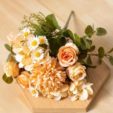 Imagem de Flores artificiais de seda, dente-de-leão, decoração de mesa de casamento, arranjo de Natal, margarida, girassol, acessórios, buquê falso de rosas (amarelo)
