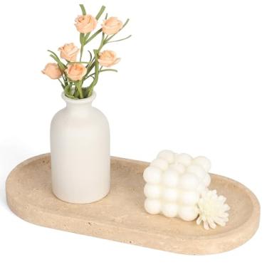 Imagem de Aturalux Bandeja de travertino natural (30 cm C x 15 cm L) com 4 juntas de silicone antiderrapantes, organizador de pedra bege claro para prato de joias, perfume, velas, chaves, decoração de banheiro