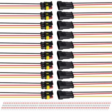 Imagem de TMH 10 conjuntos de conectores elétricos de 3 pinos macho e fêmea, 10 cm. Conectores de fio à prova d'água 22 AWG automotivos de 3 vias com tubo termorretrátil para conexão de fio de carro, caminhão