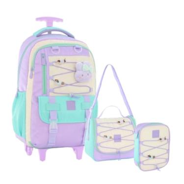 Imagem de Kit Mochila Carrinho Com Pins Removíveis E Bichinho Acompanhante Escolar Juvenil Com Lancheira Térmica Estojo Box (Lilás)