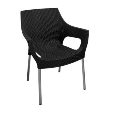 Imagem de Poltrona Rattan Preta, em resina de Polipropileno, com pés em tubo redondo de alumínio, com sapatas anti derrapantes, suporta 120 kg.