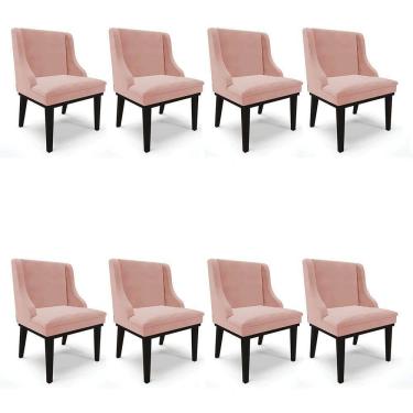 Imagem de Kit 8 Cadeiras Estofadas para Sala de Jantar Base Fixa de Madeira Preto Lia Veludo Rosê - Ibiza