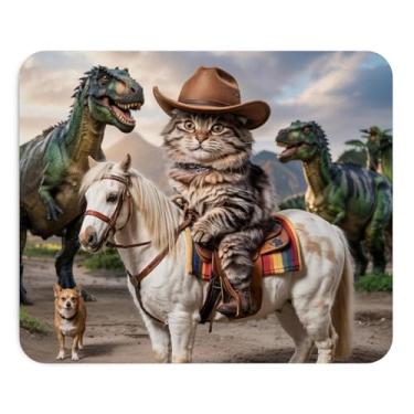 Imagem de Mousepad Cowboy Gato Cavalo com Dinossauros Humor Ocidental Engraçado Acessório de Mesa Cena Única Criatura Colorida Computador Mouse Pad Novidade Gaming Mouse Mat Decoração Escritório Amante de