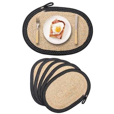 Imagem de Leegood Jogo americano de juta natural, tapetes de mesa de tecido com borda preta, formato oval, decoração de jantar de fazenda, 43 x 29 cm, pacote com 10 (preto)