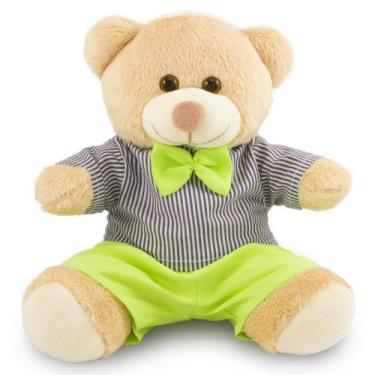 Imagem de Urso de Pelúcia Menino 30cm Decoração - Toybrink, Caramelo, Verde