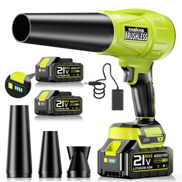 Imagem de Soprador de folhas elétrico sem fio, soprador de folhas portátil leve de 580.000RPM com 2 baterias e carregador de 4,0 Ah, soprador de bateria potente com 3 bicos estendidos para cuidados com o