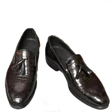 Imagem de Mocassim masculino autêntico couro jacaré italiano couro de crocodilo pele de vaca italiana sem cadarço masculino, Preto, 9.5 US