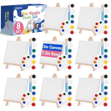 Imagem de ESRICH Conjunto de 8 mini kit de tinta acrílica, mini tela esticada de 12,7 cm com cavalete de 19 cm, tiras de tinta acrílica, paletas de tinta, pincéis de pintura, conjunto de tela pequena e cavalete