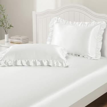 Imagem de P Pothuiny Conjunto de 3 peças de fronhas de cetim com babados e lençol King com elástico, luxuoso marfim branco cetim, lençol com elástico macio e sedoso para decoração de quarto, sem rugas, bolso