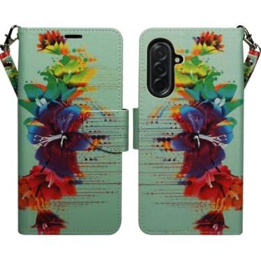 Imagem de Zase Design para Samsung Galaxy S25 FE (Fan Edition) Capa protetora [bloqueio RFID] Bolsa de couro PU compartimento para cartão de crédito alça de pulso com trava magnética (flores tropicais)