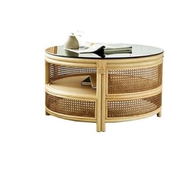 Imagem de Mesa de centro moderna mesa de centro de armazenamento de rotim mesa redonda de sala de estar, mesa de centro redonda de madeira, mesa de centro de mesa de vidro decorativa para casa mesa A