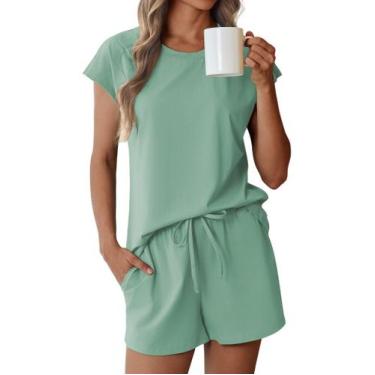Imagem de Conjunto de pijamas Ekouaer feminino de algodão, manga curta, verde, t