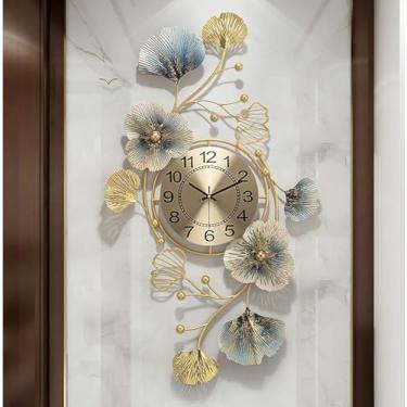 Imagem de Relógio de parede arte moderna relógio de parede 3D grande moderno relógio de parede de metal ginkgo folhas/flores decoração de casa arte criativa sala de estar relógio de parede de metal para
