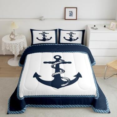Imagem de Feelyou Conjunto de edredom com tema náutico de âncora, Queen, para meninos, meninas, adolescentes, oceano, aventura marítima, conjunto de edredom azul marinho e branco