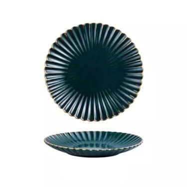 Imagem de Prato de jantar pratos prato de jantar ocidental de luxo leve europeu, prato de crisântemo verde escuro de cerâmica, prato de sobremesa, prato de fruta, prato de bolo prato prato pratos de jantar