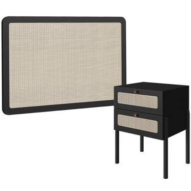 Imagem de Cabeceira Solteiro 90cm e 1 Mesa Lateral 2 Gavetas Madeira Moss A03 Nero Preto- Lyam Decor