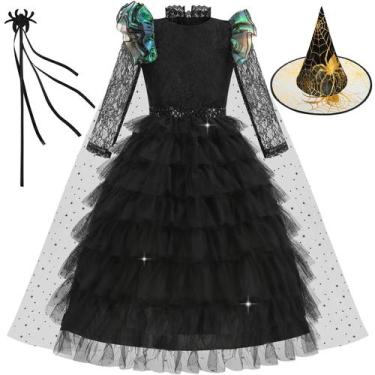 Imagem de Vestido de fantasia de bruxa preta para meninas Aolliya com capa, chap