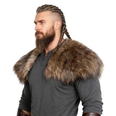 Imagem de Joukavor Viking gola de pele sintética ombro envolto xaile viking fantasia de Halloween masculina, Marrom, Tamanho Único
