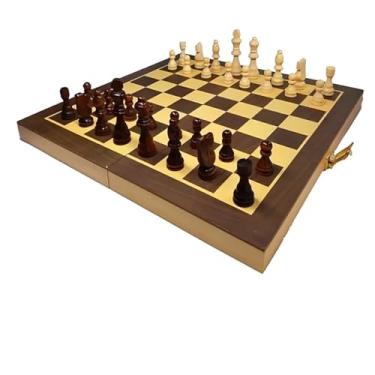 Imagem de Jogo de Xadrez Clássico 3 em 1 Tabuleiro em Madeira com Damas e Gamão 29x29cm Peças em Resina Estojo Dobrável Portátil Marrom e Bege