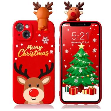Imagem de Esakycn Capa para iPhone 15 de Natal, capa de telefone de silicone vermelha 3D boneca brinquedo de Natal com design para meninas mulheres presente fina à prova de choque macio capa fofa pele para