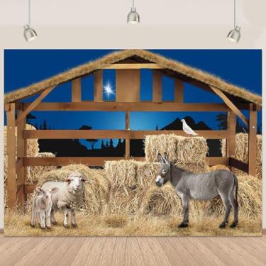 Imagem de Retyshia Cenário clássico de presépio de casa de fazenda, 2,1 x 1,5 m, cenário rústico de manjedoura de Natal com celeiro, fardos de feno, decoração de festa religiosa para igreja, celebração em casa