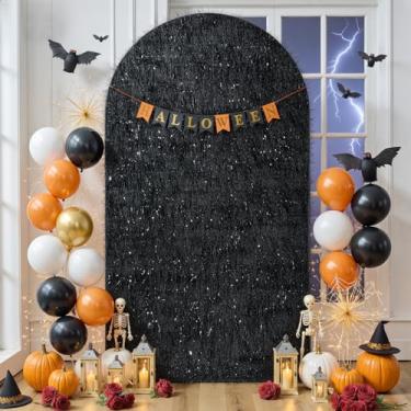 Imagem de Capa de fundo de arco de franja preta de 2 metros com trepadeira de tinsel, cobertura de suporte de pano de fundo Chiara com glitter - Franja metálica e elastano para decoração de cerimônias de festa