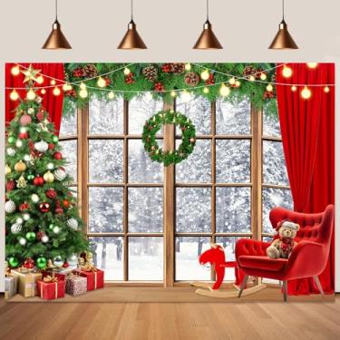 Imagem de Retyshia Pano de fundo de janela de inverno de 20 x 1,8 m com árvore de Natal de neve e sofá vermelho para fotos de família para decoração de festa de feliz Natal, faixa 96 x 182 cm (poliéster)