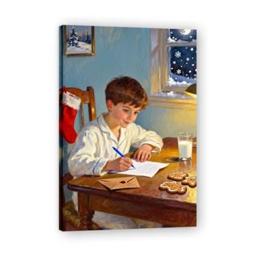 Imagem de Faça um desejo e escreva uma carta, arte em tela de Natal inspirada em impressionistas, decoração de parede quente para férias com pinceladas suaves para casa 80 x 120 cm emoldurada