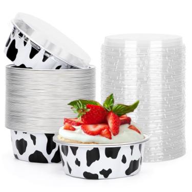 Imagem de Beasea Pacote com 50 ramequins descartáveis de 227 g com tampas, copos de alumínio para creme brulee, cupcake de muffin, mini pudim, festa de casamento, aniversário